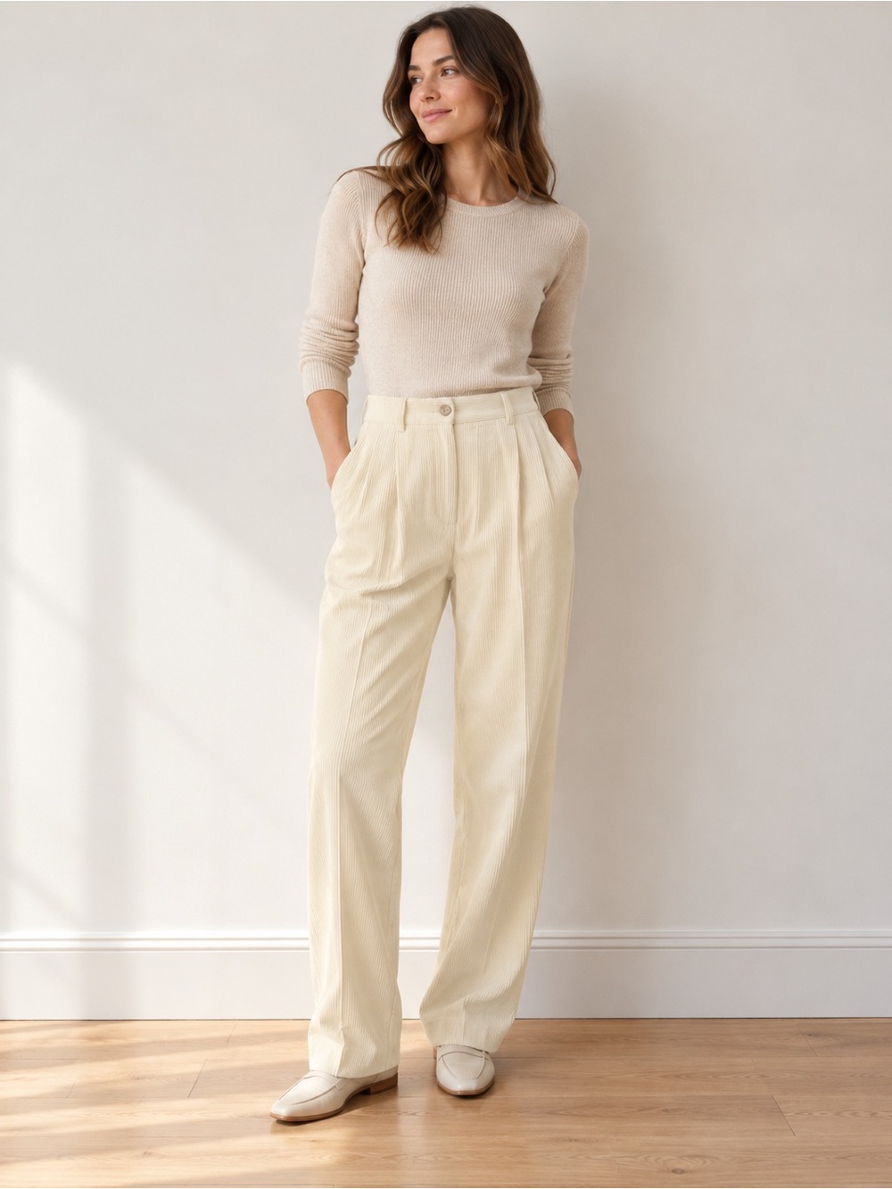 Lands’ End Cream Corduroy Pleated Trousers 14 Made in USA New England Preppy